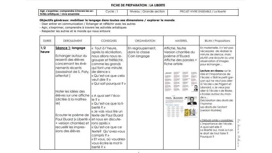 La fiche de préparation du projet Liberté en maternelle