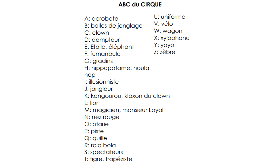 ABC cirque: liste des mots